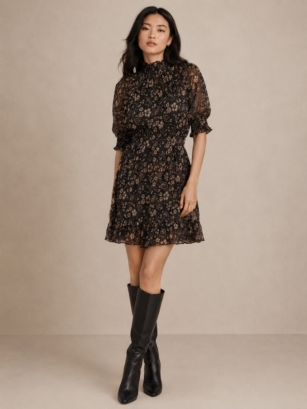 ULLA JOHNSON Josie Silk Mini Dress 2 Brown Forest Floral Smocked Tiered Loose